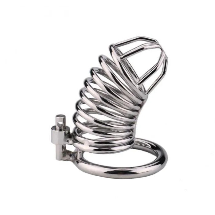 Discover the ergonomic spiral of the Jail Bird Cock Cage! With adjustable rings and sleek chrome looks, it fits snugly and discreetly, even under clothes. Its durable design won't trigger detectors, ensuring ease and security for your lifestyle.