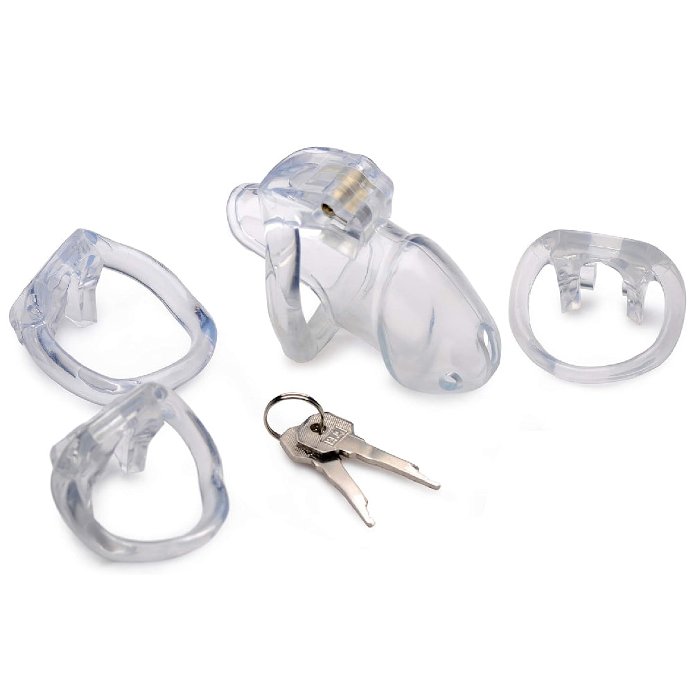 Cage your cock with this lightweight transparent silicone device, smaller than most, yet boasting a spiky thrill. Comfortable for long wear and discreet under clothing, like a rattlesnake's secret.