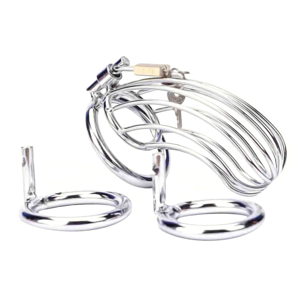 Elevate your BDSM with this little gadget. Securely lock him up in silver chastity, a fun way to soldier on through xtreme tease and denial. Enjoy comfort with 3 rings and easy urination.