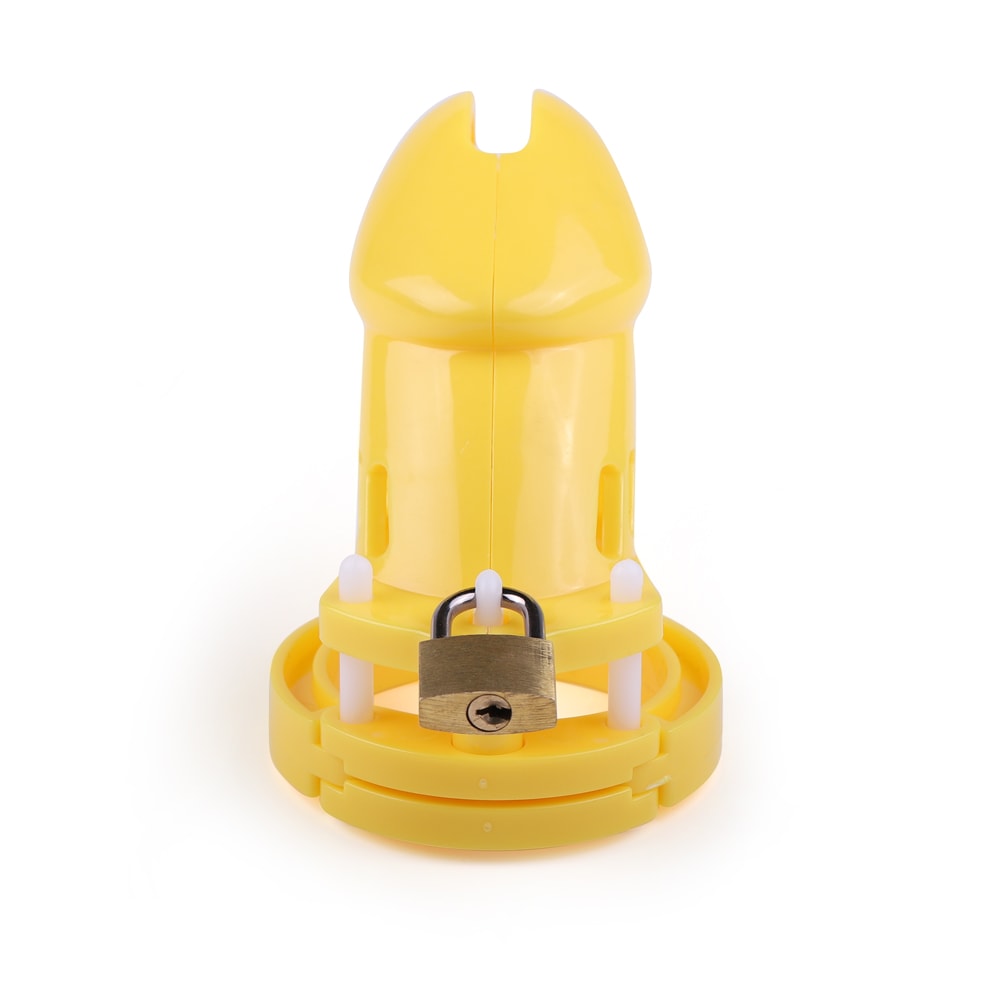 Embrace submission with our sissy chastity cage, a playful yellow design for men wanting reversed dynamics. Lightweight yet tough, it offers secure work-day wear with discreet comfort, enhancing control.