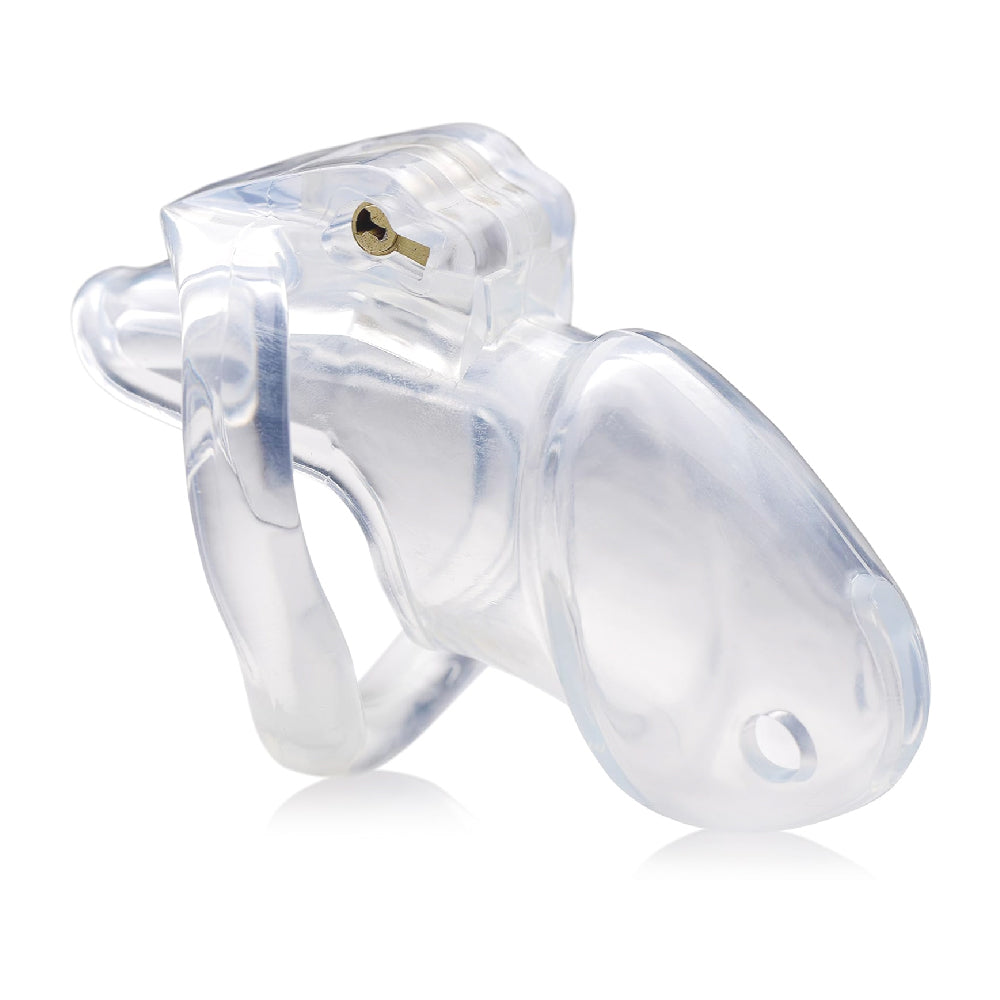 Transparent and breathable, this short resin chastity cage offers customizable comfort with five ring sizes and a secure lock. Its discreet design prevents pinching, perfect for long-term use.
