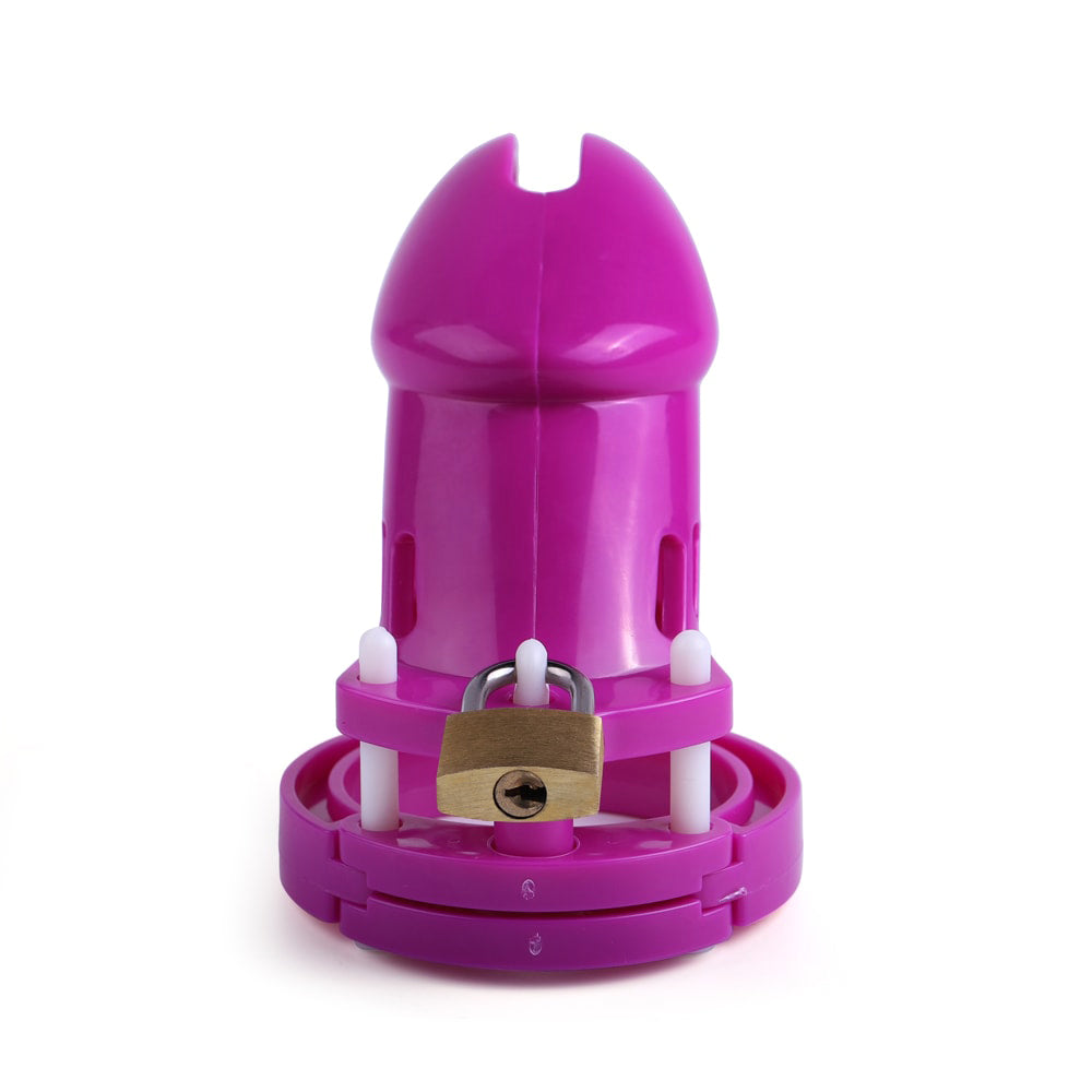 Purple sissy chastity cage with Bluetooth-connected phone app for playful control. Lightweight, breathable design, versatile ring options, and discrete look for enhanced comfort and security.
