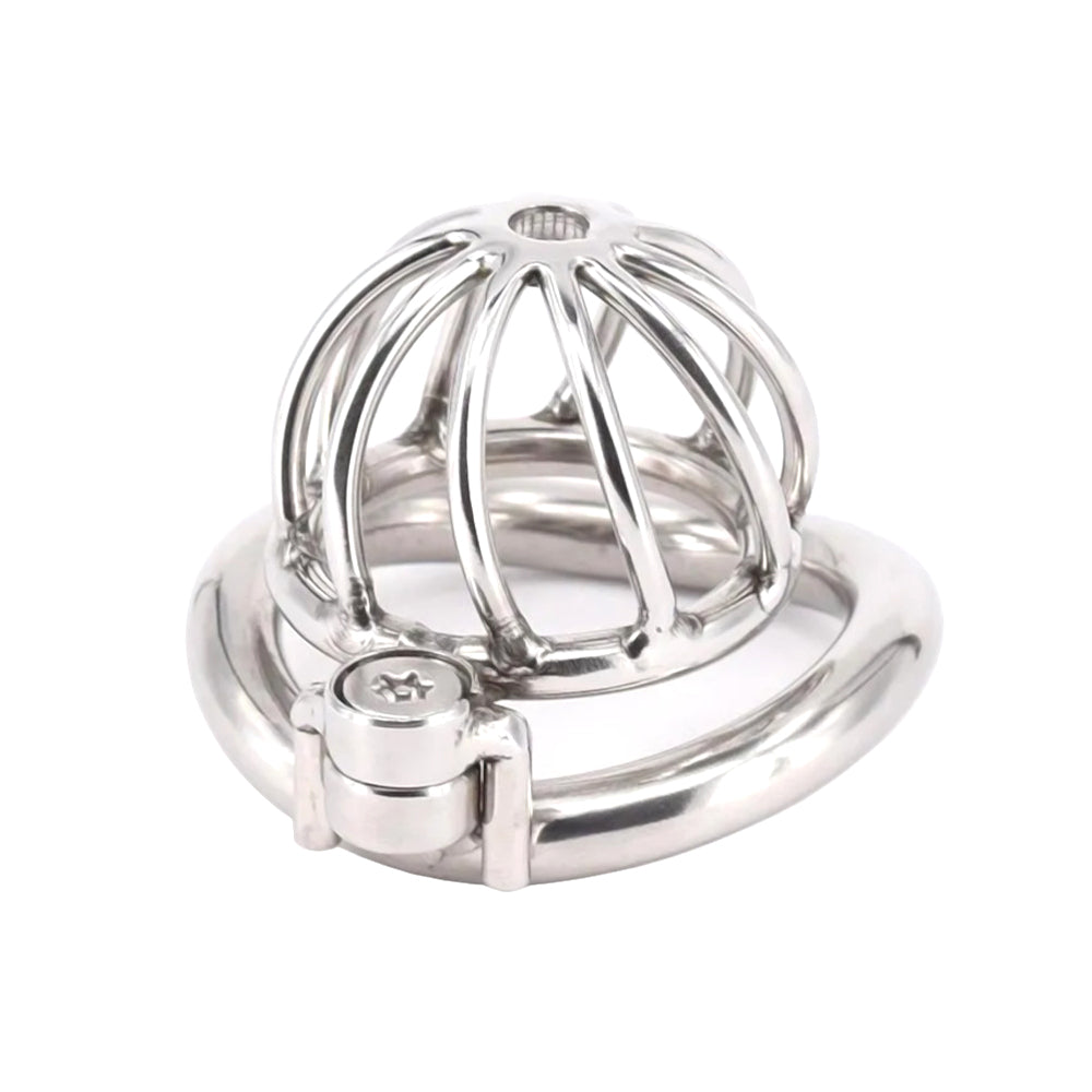 Elevate your chastity journey with this secure, elegantly silver cage. Locked down for days, its ergonomic fit and easy cleaning add appeal. Tame desires with snug confinement—sentence accepted.