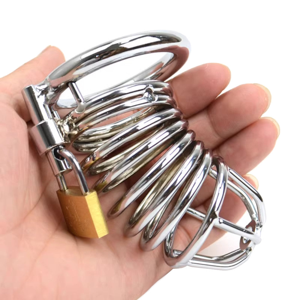 Encased in a smooth, durable stainless steel jail, this silver chastity cage offers an ergonomic spiral design for comfort. With an easy-clean structure and ring size upgrade, it's perfect for bespoke restraint.