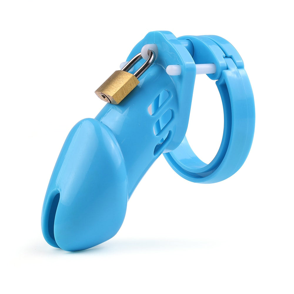 Ensure your smallest desires are comfortably locked away with this cute, blue plastic chastity device. A tighter fit minimizes testical slip, offering security without pain. Ideal for discrete, smaller play.