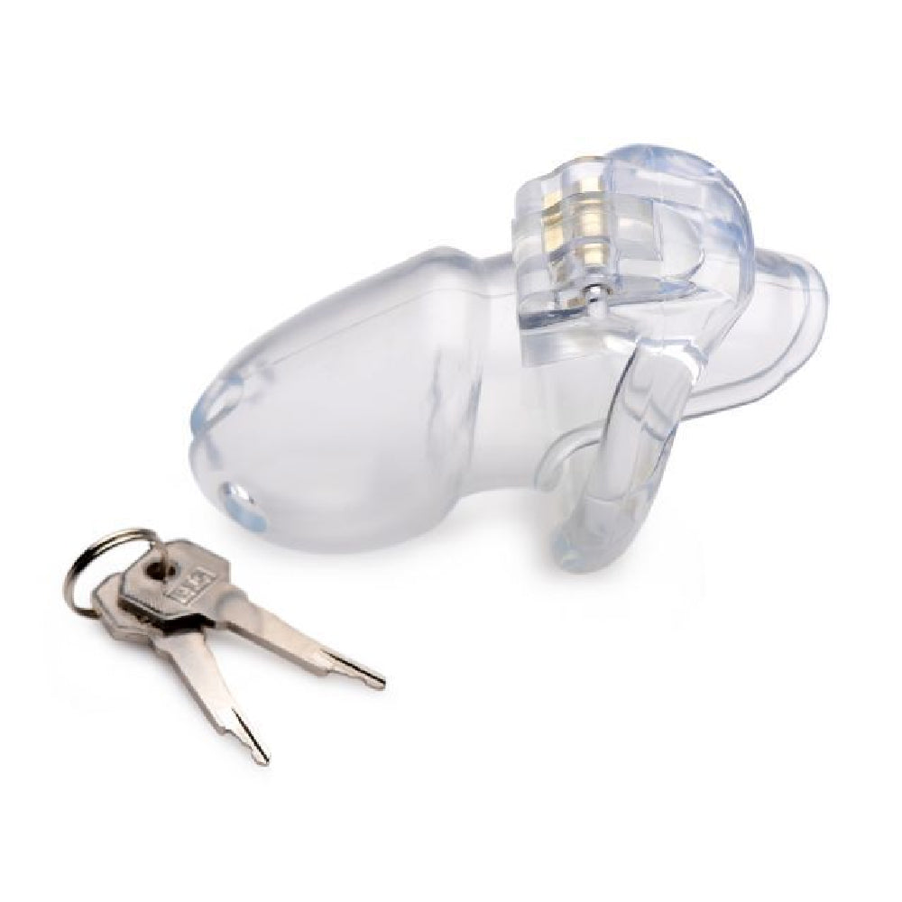 Comfortably confine desires with this transparent resin holy trainer. Resolving issues of chafing, pinching, and chaffing, its ergonomic design offers security and freedom from such problems.