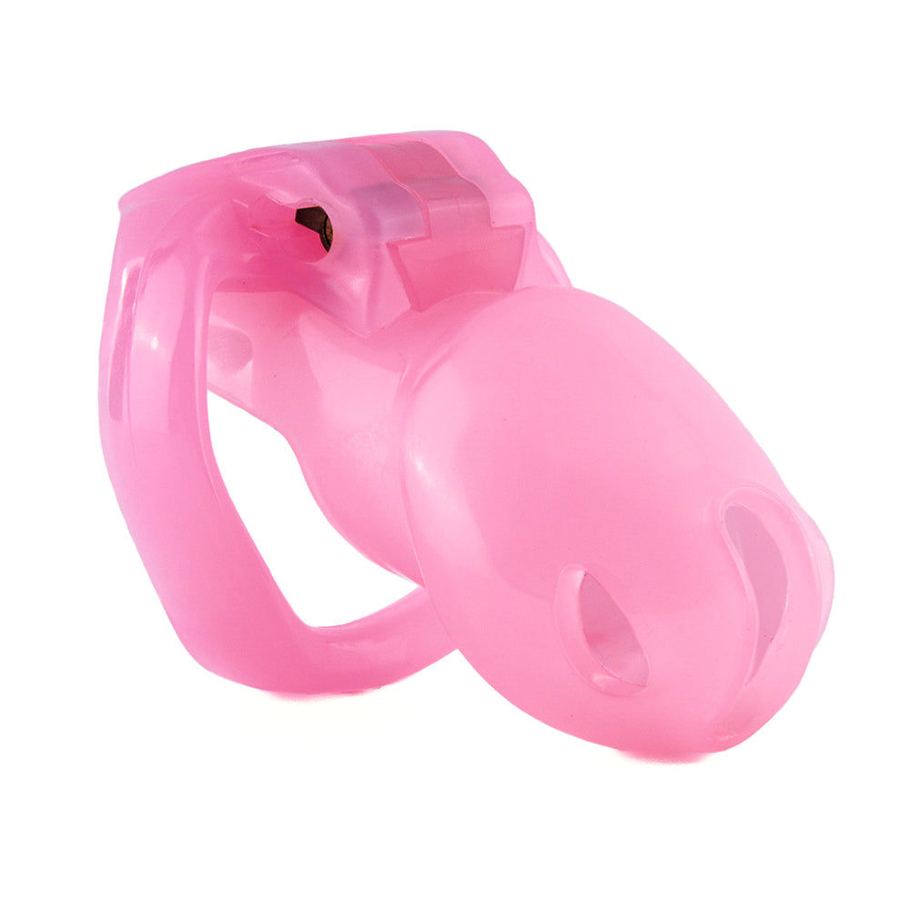 Unlock new levels of sissy play with this pink resin cage. The app enables setting timed lock periods for secure control. Includes a discreet container and multiple ring sizes.