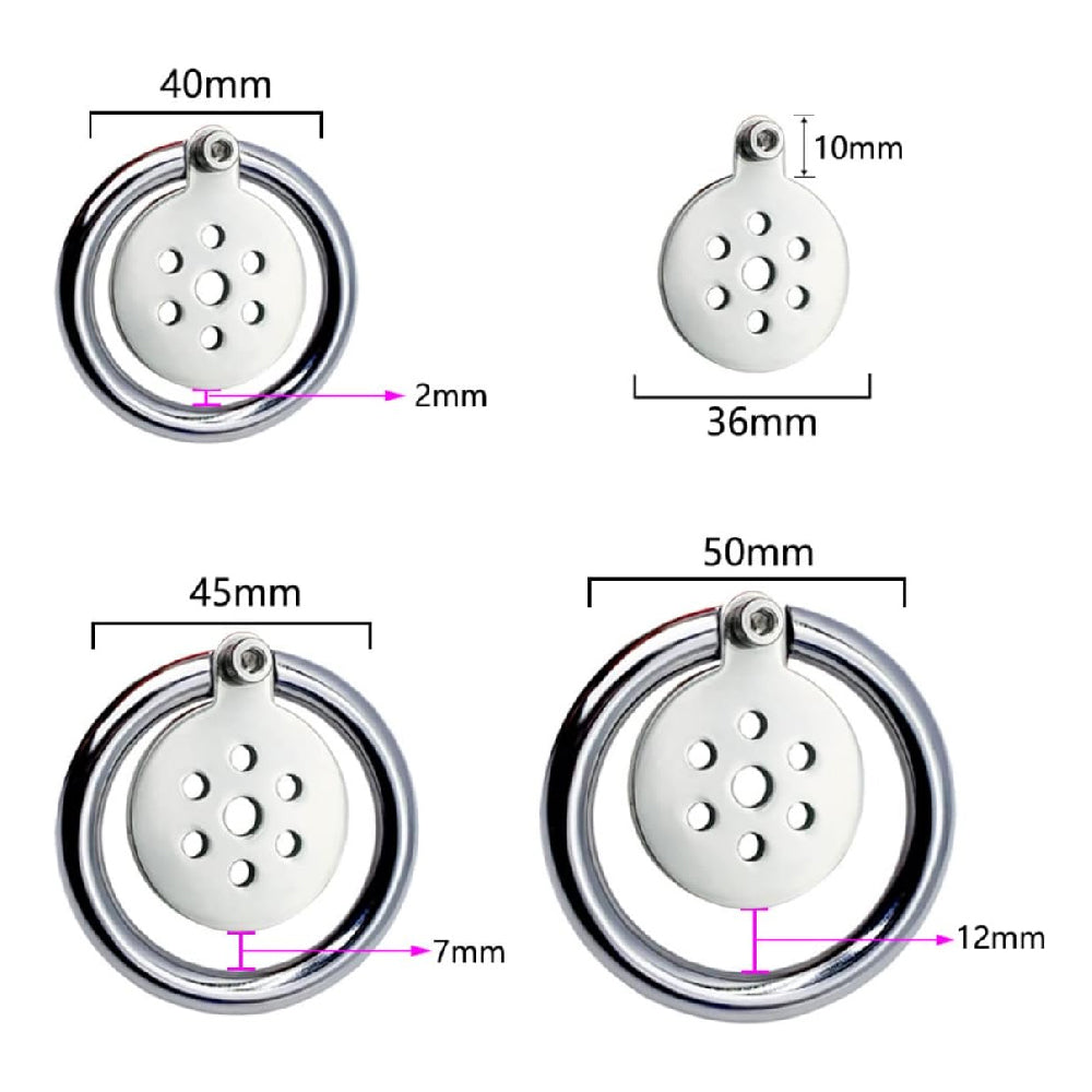 Unleash submission with this stainless steel micro cage. The inverted design secures the penis while accommodating foreskin, providing a snug fit. Skin stays unharmed, enhancing BDSM play.