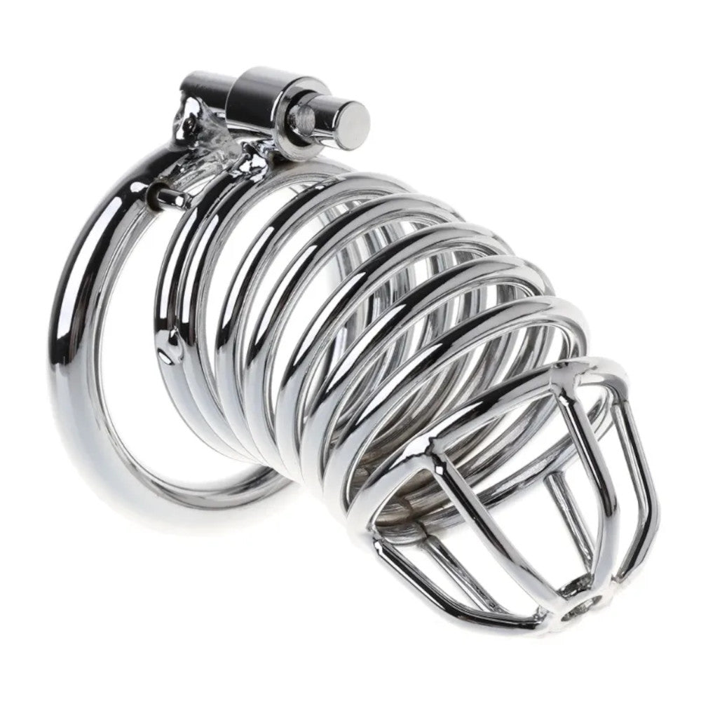 Spiral into profound submission with this lightweight steel cage. Its restrictive design melds comfort with control, concealed under clothes. Solve fit problems with all-ring inclusivity.