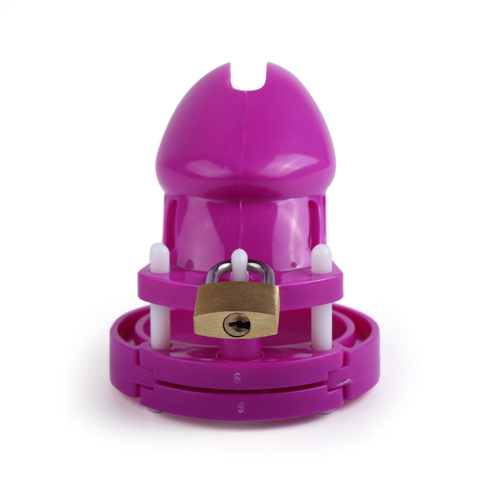 Unlock playful submission with this vibrant purple chastity cage. Embrace discreet security during long wear. Its airy design hugs your balls, ensuring comfort and style.
