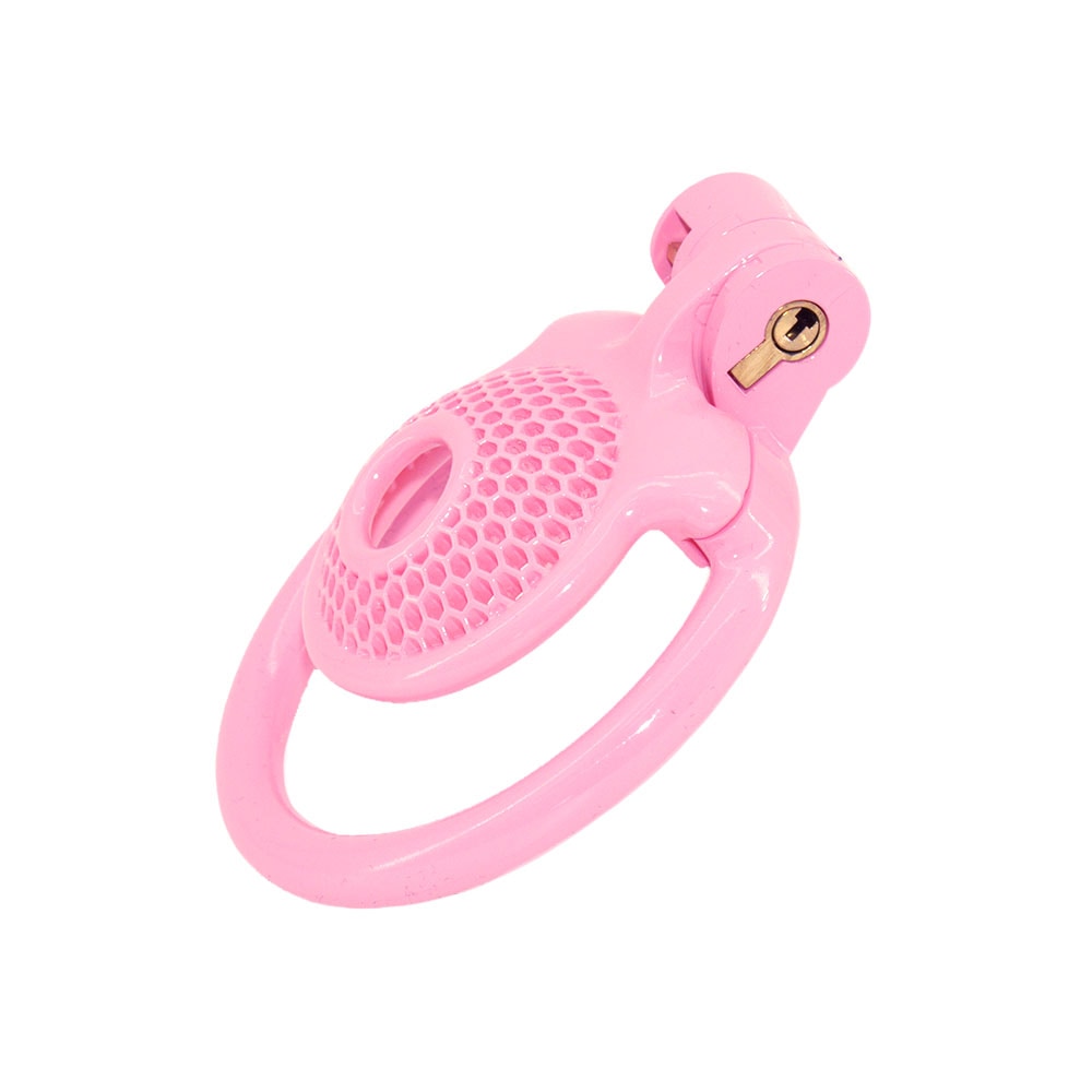 Perfect for those seeking discretion, this pink mesh cage blends large possibilities into a perfectly sized curved design. Securely holds testicles, balancing comfort with submission.