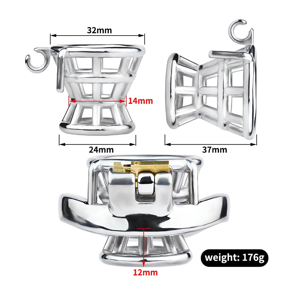 Secure your desires with this ergonomic, stainless steel chastity cage. Featuring adjustable rings for perfect length and diameter, it offers discreet, testicle-friendly comfort for smaller fits.