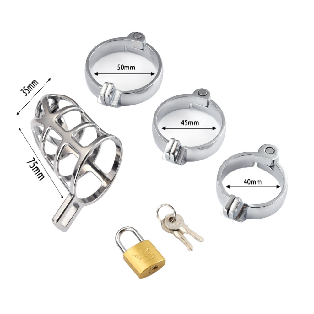 The Pitiful Penile Prison offers ultimate comfort with its split design for convenient urination, requiring no removal. Clean easily while trapped, thanks to its breathable stainless steel structure.