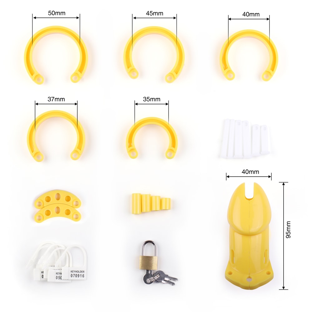 Embrace comfort and lite wear with the Sevanda yellow chastity cage. Its rigid, discreet design and various ring sizes provide a secure fit. Elevate your play with ease!