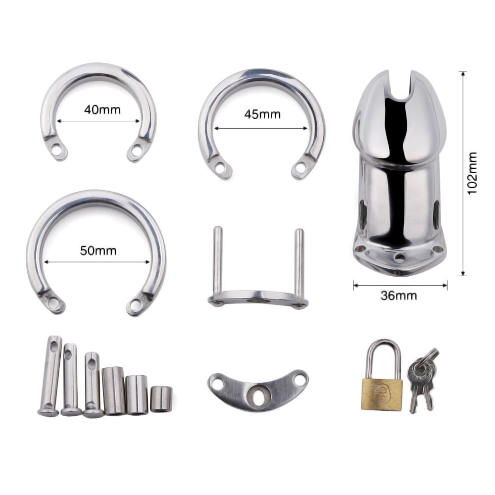Wearing this sleek, real steel chastity cage enhances your progression in submission. Its rigid metal design supports feminization desires, offering a luxurious comfort and control with customizable ring sizes!