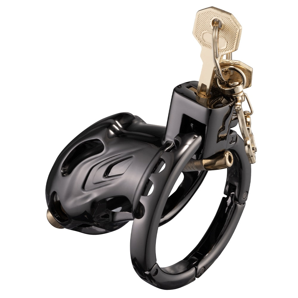 Discover the intense sensations of the enclosed urethral plug within a stylish urethral cage. With customizable sizing, this durable device offers comfort and control for extended wear, amplifying your submission desires.