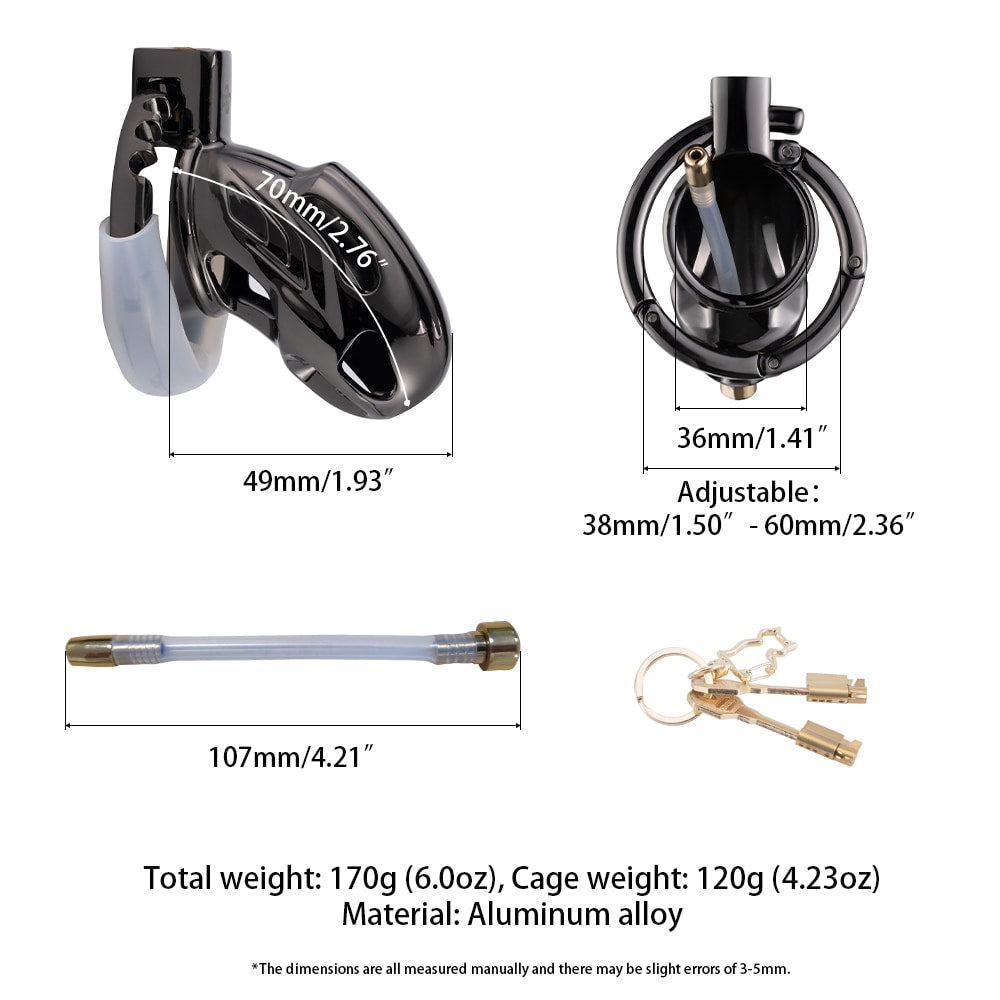 Elevate submission with our urethral sounding chastity cage! Enjoy stunning black or gold luxury, with adjustable clamp rings and a silicone rod for complete comfort. Included lock ensures you're safely stocking control, while sleek lines and breathable design keep thrill discreetly locked.