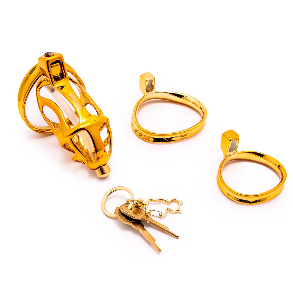 Immerse in submission with this ergonomic gold chastity device, designed to prevent slipping. Measure with string for snug tie; delight in the secure, breathable design for extended play.
