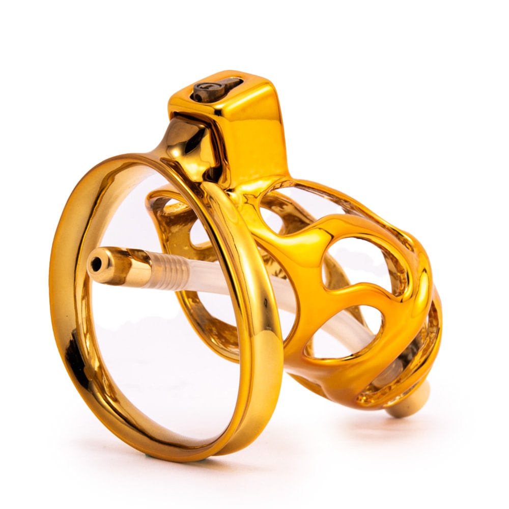 Unlock the thrill of submission with this golden chastity device. Its snug fit and ventilation keep you cool while being locked, offering comfort even during lengthy play. With a discreet locking system, the cage stays secure, enhancing BDSM dynamics, while the urethral tube adds an extra challenge. Embrace control and enhance intimacy with this premium metal chastity cage. Ideal for prolonged wear, it keeps you focused on devotion.
