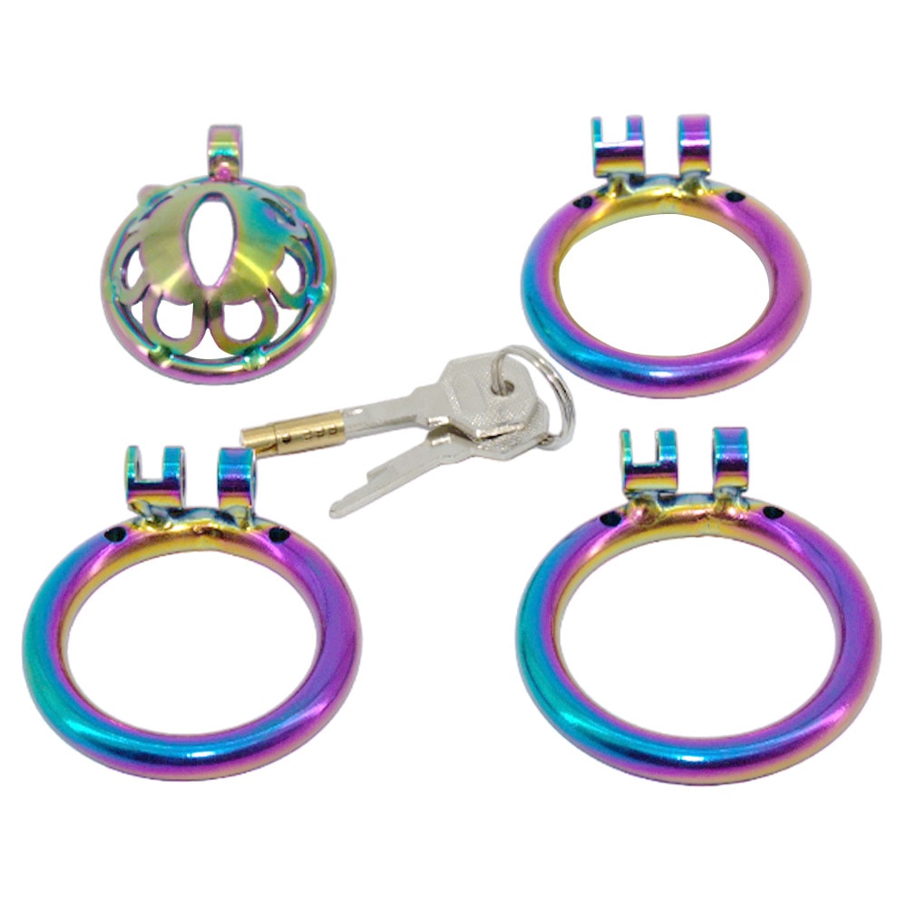 This robust micro cage shines with rainbow neo-chrome, celebrating pride beneath your pants. With comfort-fit rings, it's discreet yet bold, enhancing your bulge subtly. Wear this speedo of confidence!