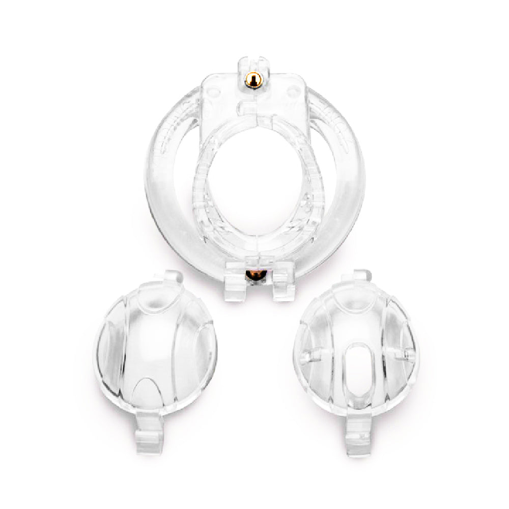 Embrace secure submission with our transparent cage, featuring a snug fit for smaller anatomy. Enjoy comfortable wear with full ring sizes, ensuring no testicle or shaft pinching. Perfectly used for prolonged play!