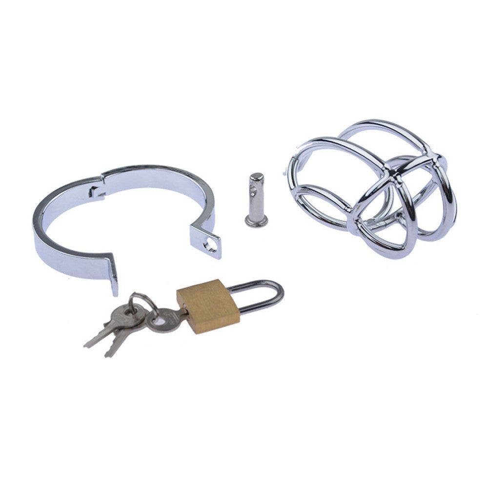Secure your desires with this stainless steel chastity belt—its sleek silver design, adjustable rings, and durable lock ensure total control. Keep keys close in a discreet necklace pod.
