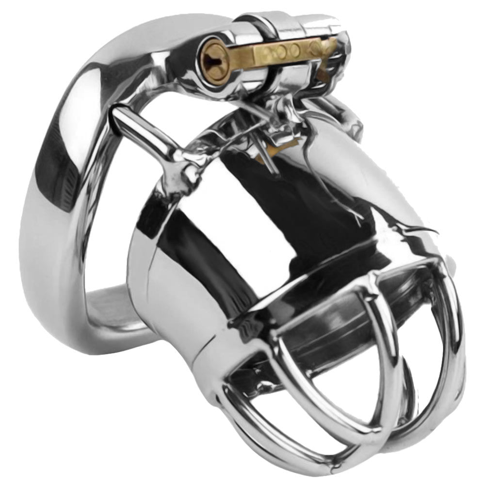 Embrace ultimate restraint with this sleek, silver, stainless steel cage. The curved design ensures a snug fit, trapping you securely while accommodating sized rings for comfort. Feel the pull of desire as your testicles rest safely within.