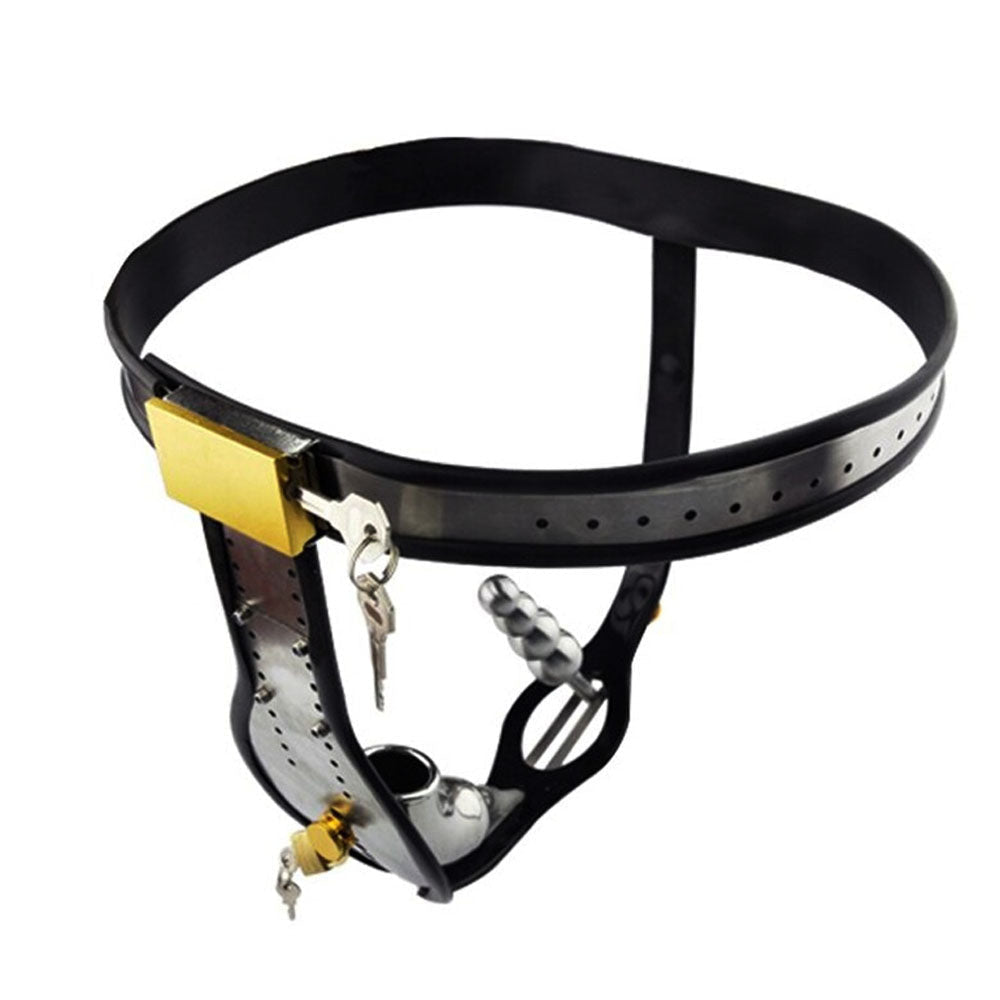 Elevate submission with our custom jailhouse chastity belt; its inescapable stainless steel and comfortable silicone lining ensure secure chastity. Detachable plug enhances pleasure.