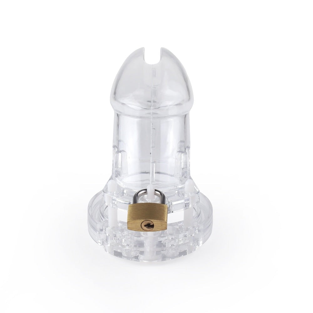 Transparent chastity cage with welded precision offers a snug fit, even for larger sizes. Short cage design combines comfort and effective restraint, perfect for discreet daily wear.