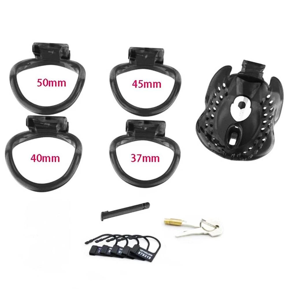 Full coverage and extra security define this sleek enclosure. Crafted from lightweight resin, it offers customizable comfort with curved rings, discreet wear, and secure locks. Ideal for venturing into chastity play!