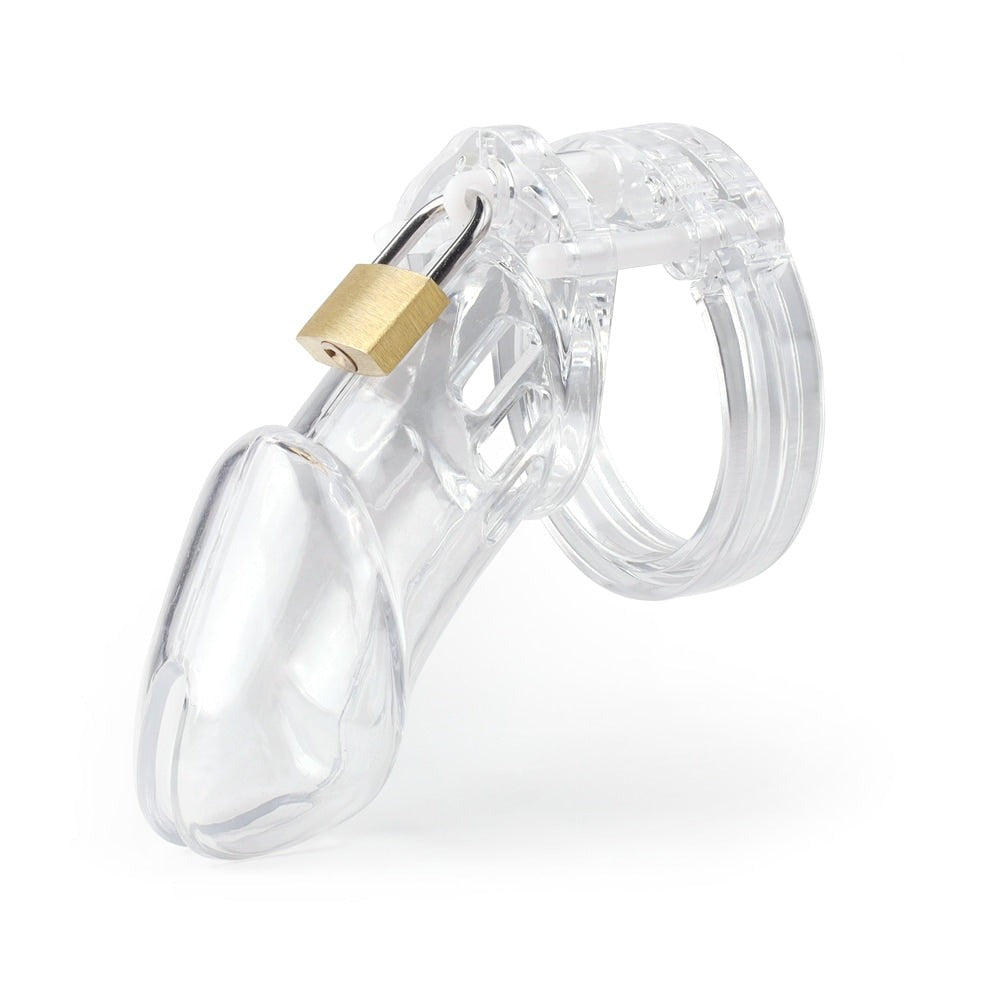 Clear plastic chastity cage offers discreet security for daily wear. The transparent design provides visual engagement, while lightweight material ensures comfort. Full coverage, adjustable rings, and versatile locks make it ideal for beginners and extended wearing.