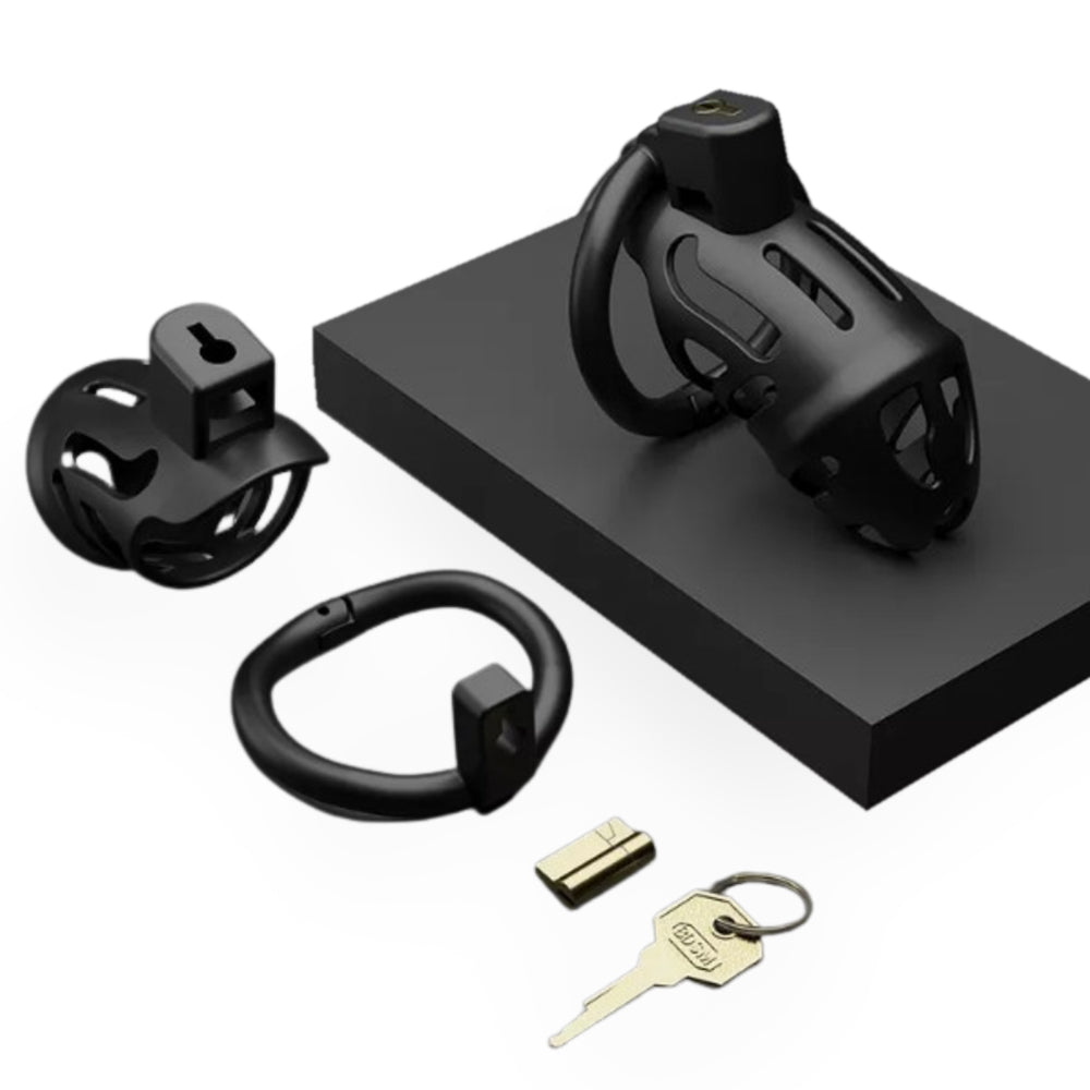 Unlock a world of thrilling submission with this sleek black chastity device, flying discreetly under clothing. Worn comfortably with three adjustable rings, it ensures a snug fit minus irritation.