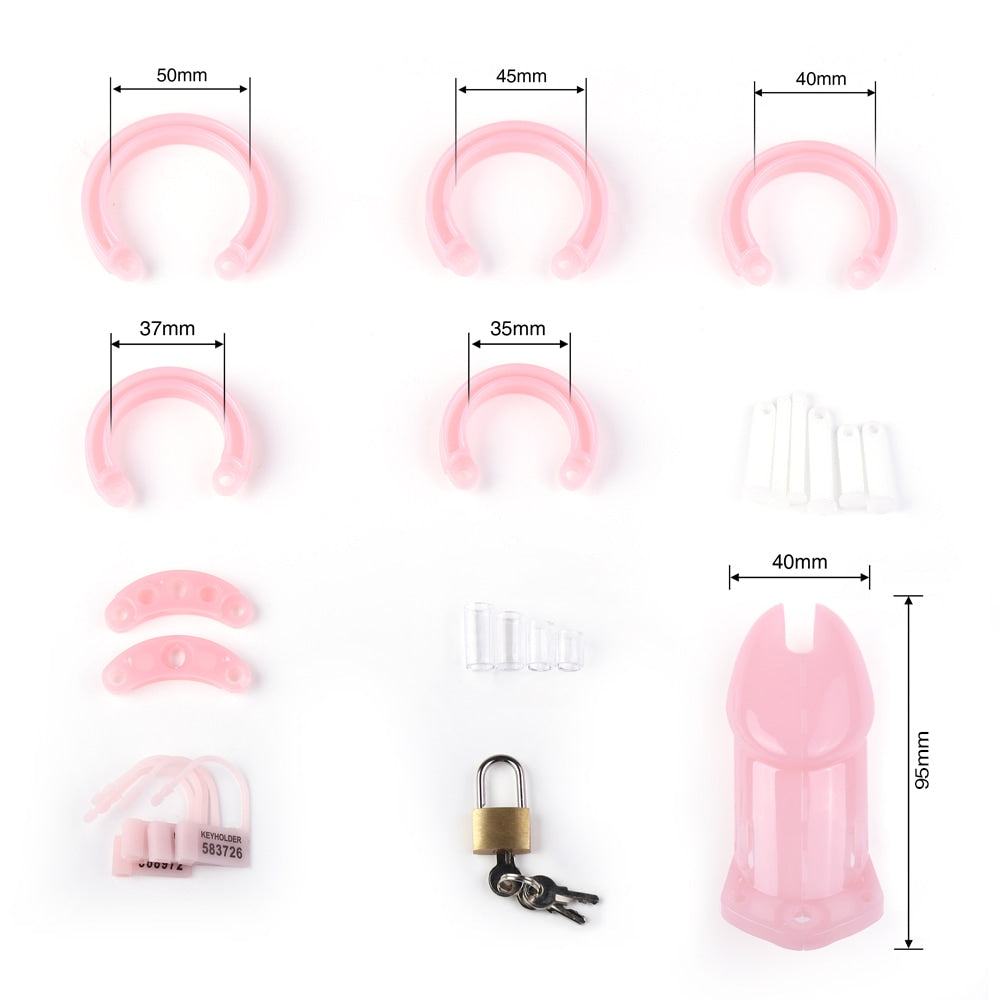 Unleash your sissy side with this snug pink chastity cage. The hard resin offers durability while padlock and zip options ensure secure locking. Tags and rings provide customization.