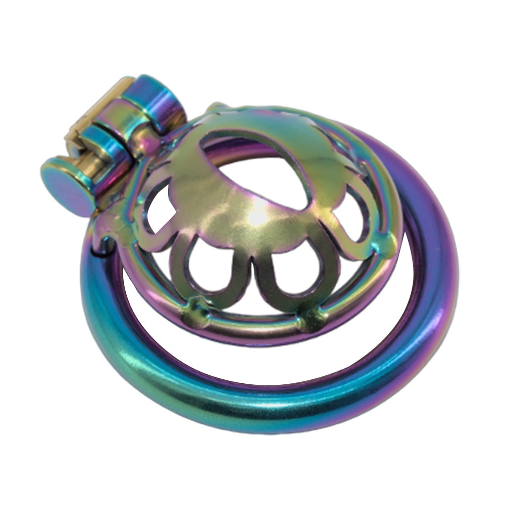 Unlock pride with this flat, vibrant cage in rainbow neo-chrome! Ideal for discreet wear and secure restriction with its integrated lock. Choose from three ring sizes for a close, custom fit.